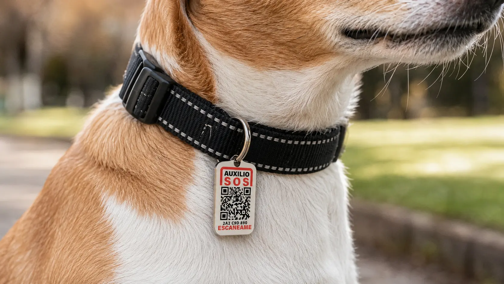 Collar de perro con placa Auxilio SOS y QR