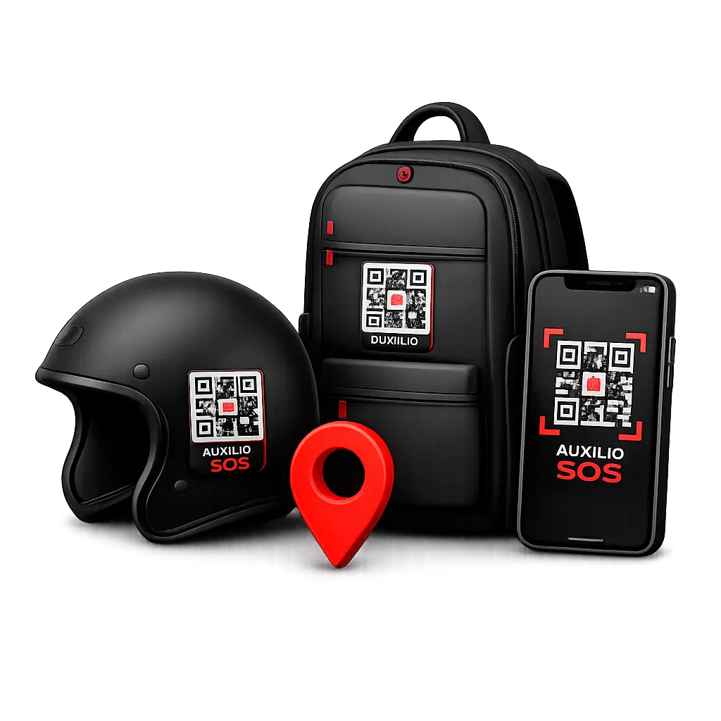 Codigo QR Auxilio SOS visible en casco mochila y telefono