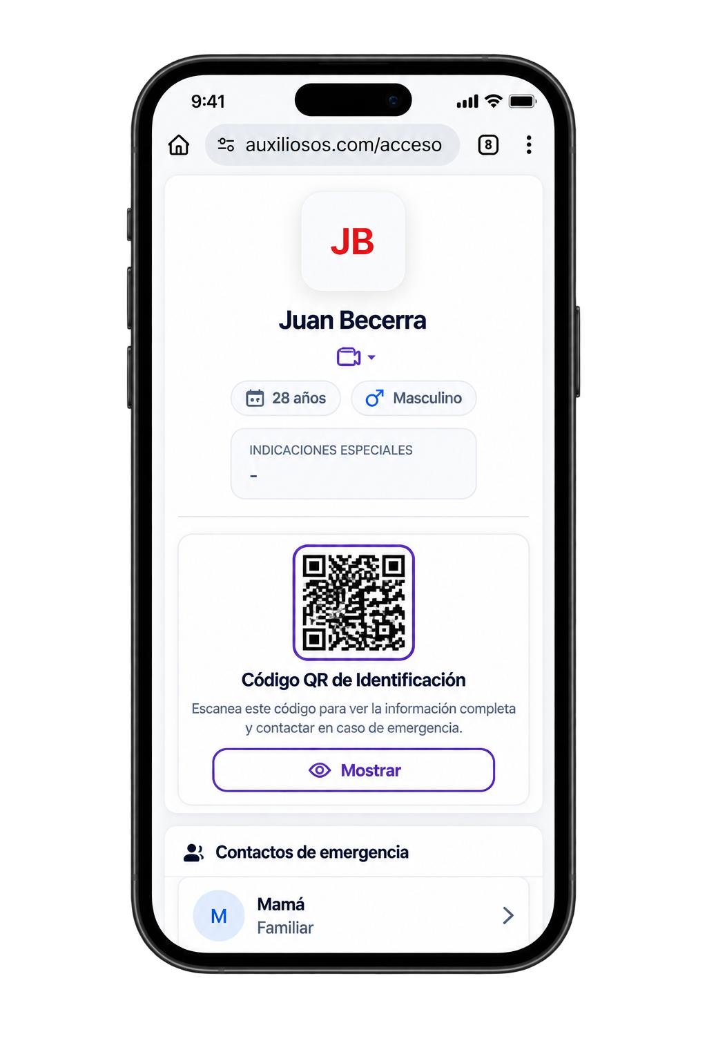 Perfil de emergencia visible al escanear el QR