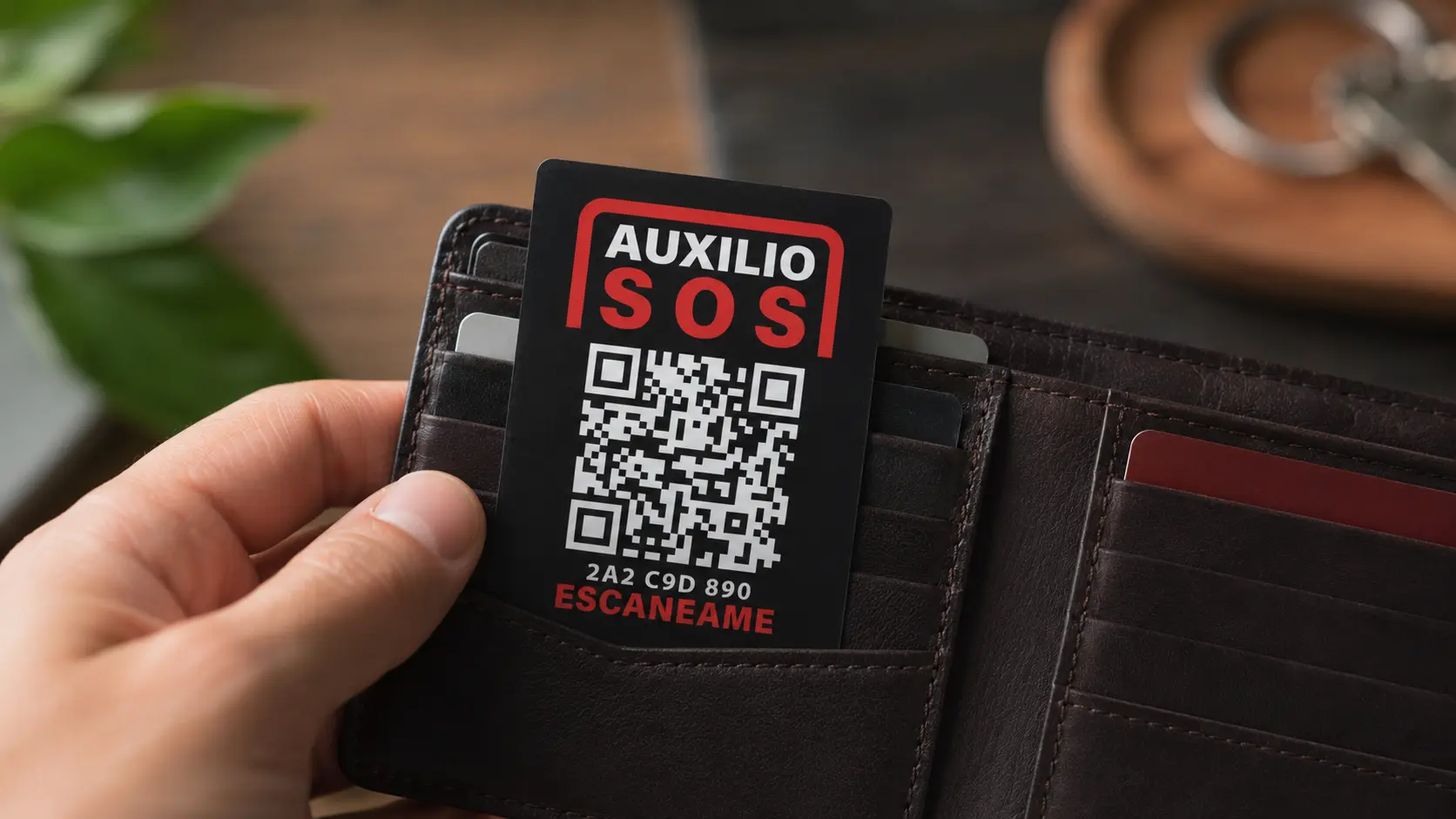 Tarjeta Auxilio SOS con QR en cartera